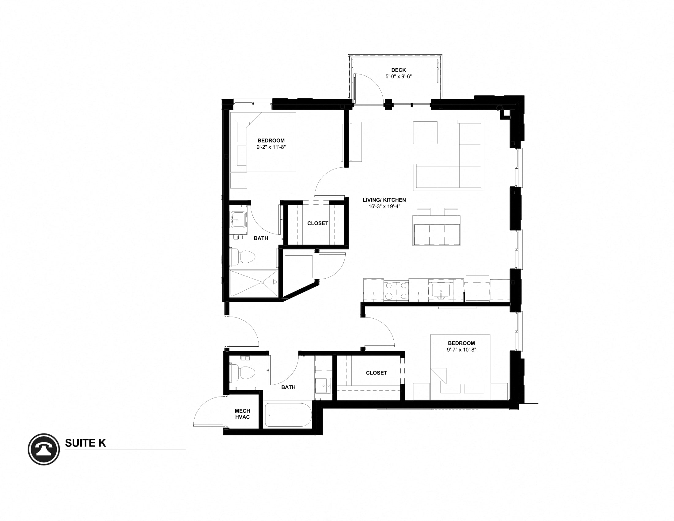 Floor plan for 2 beds, 1.8 baths, 947 sqft